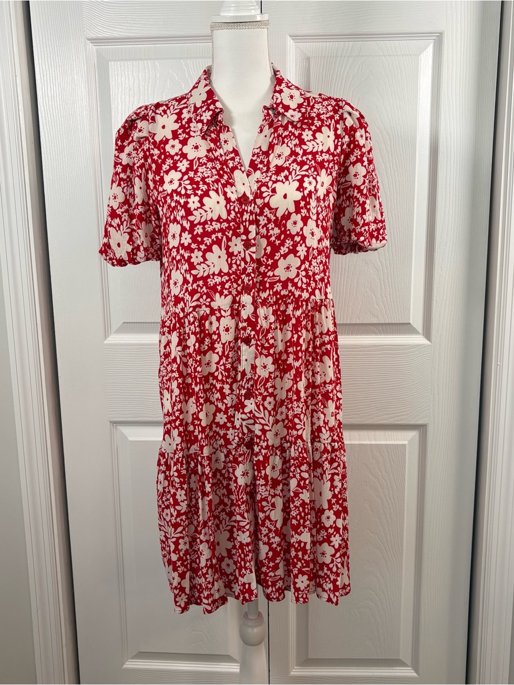 Red White Floral Cottagecore Babydoll Tiered Puff Sleeve Mini Dress Juniors XL